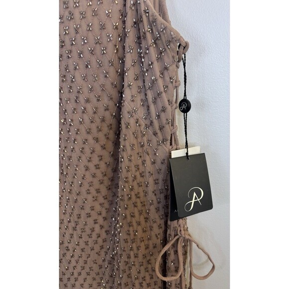 ADRIANNA PAPELL Rose Gold Beaded Formal Dress 16 Adorned Sides Midi Mesh Gown - Picture 10 of 16